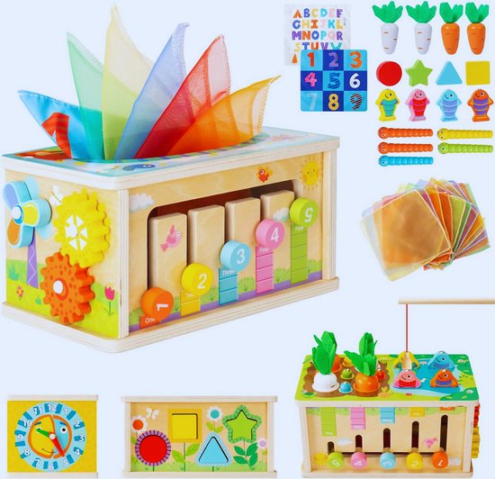 7-In-1 Doekjesbox Voor Baby's Vanaf 6 Maanden - Houten Motoriekspeelgoed Met Knisperdoeken En Wortelen - Steekspel Voor Jongens En Meisjes - Perfecte Cadeau!