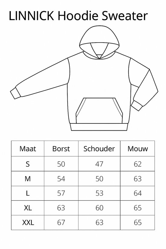 Schematische tekening van een donkergrijze hoodie met capuchon en zak aan de voorkant, met maattabel.