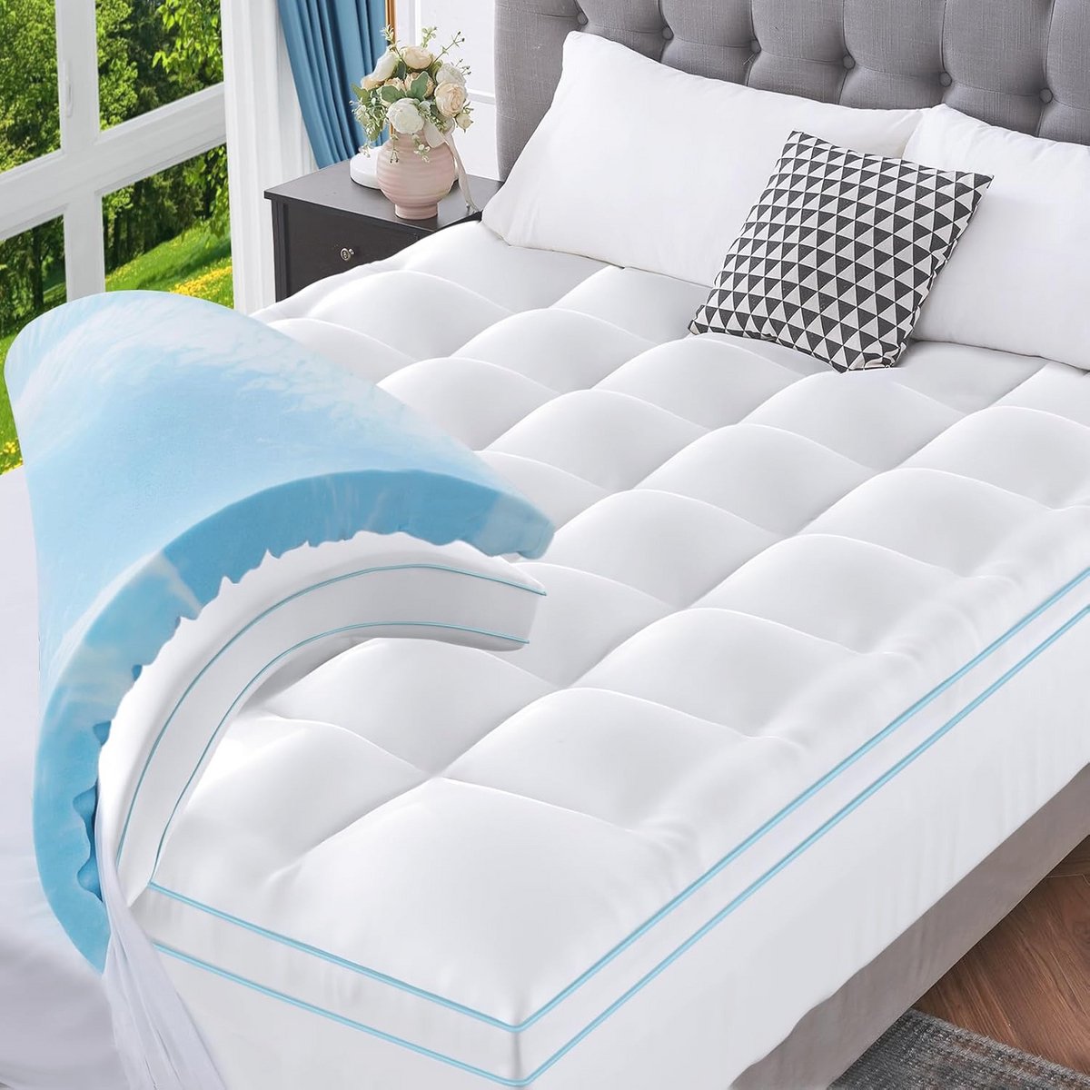 Schuimmatrastopper Queen Size - 10 cm dubbellaags bedmatrastopper met gelschuim en koelkussen