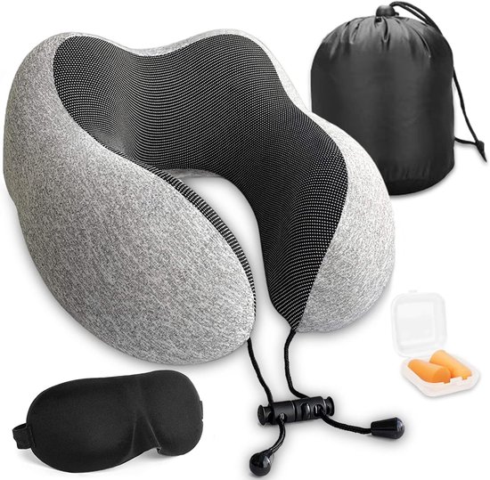 Reiskussen - Nekkussen - Luxe Reiskussen Set - Traagschuim - Neksteun - Vliegtuig & Auto - Inclusief Oordoppen en Slaapmasker