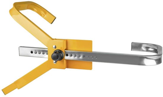 Gele wielklem met een zilverkleurig metalen deel, geel metalen deel met gaten en gele beugels.