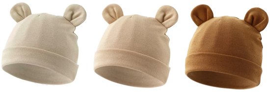 Lot de 3 bonnets pour bébé en forme d'ourson, uni beige, marron, taupe/gris chaud