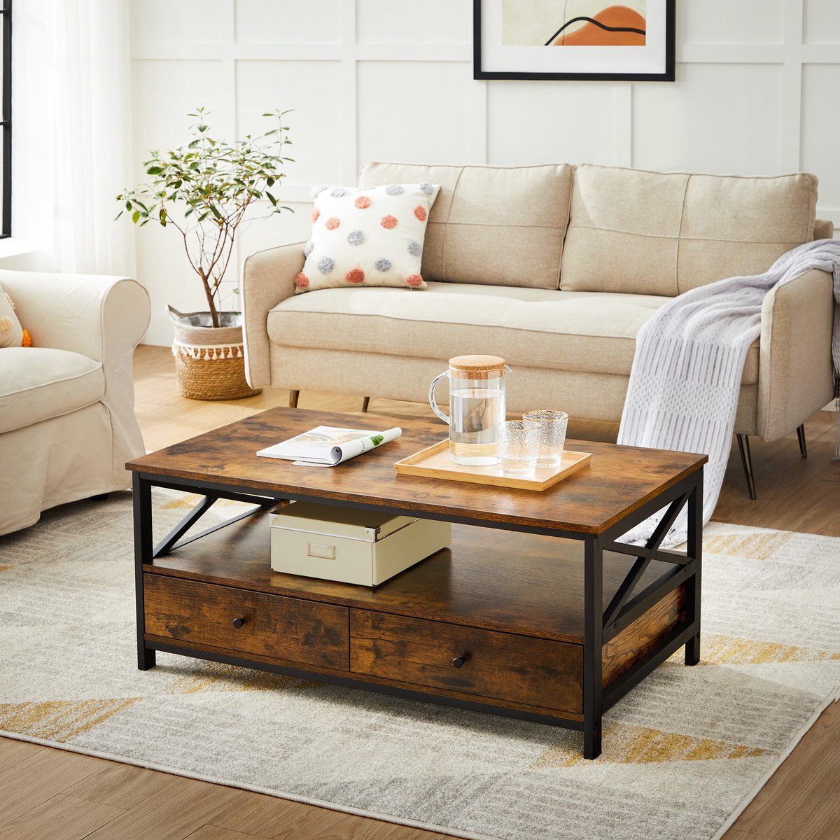 Salontafel – Industriële Stijl – Rustiek Bruin – Met Stalen Frame, 2 Lades en Legplank – Voor Woonkamer, Slaapkamer of Kantoor – 100x55x47 cm – Robuust en Praktisch Ontwerp