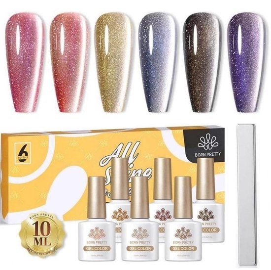 Set van zes flesjes 'Born Pretty' gel nagellak in verschillende kleuren, naast een kartonnen verpakking en een zilveren magneetstick.