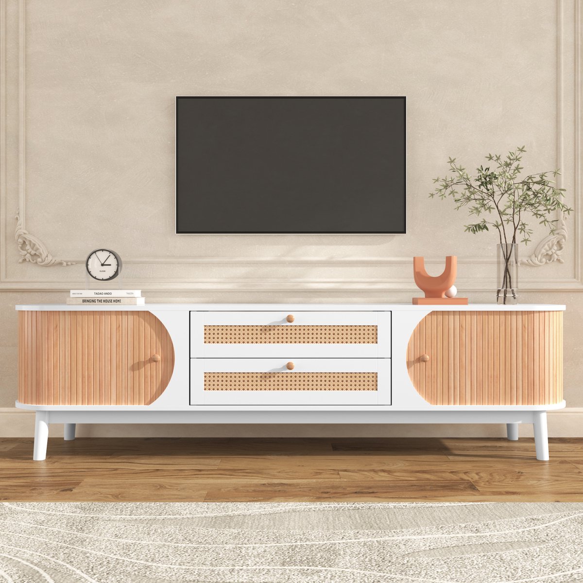 Merax Tv-meubel met deuren en lades - tv-meubel met rotan zijkanten - 170 x 39 -5 x 46 cm Wit