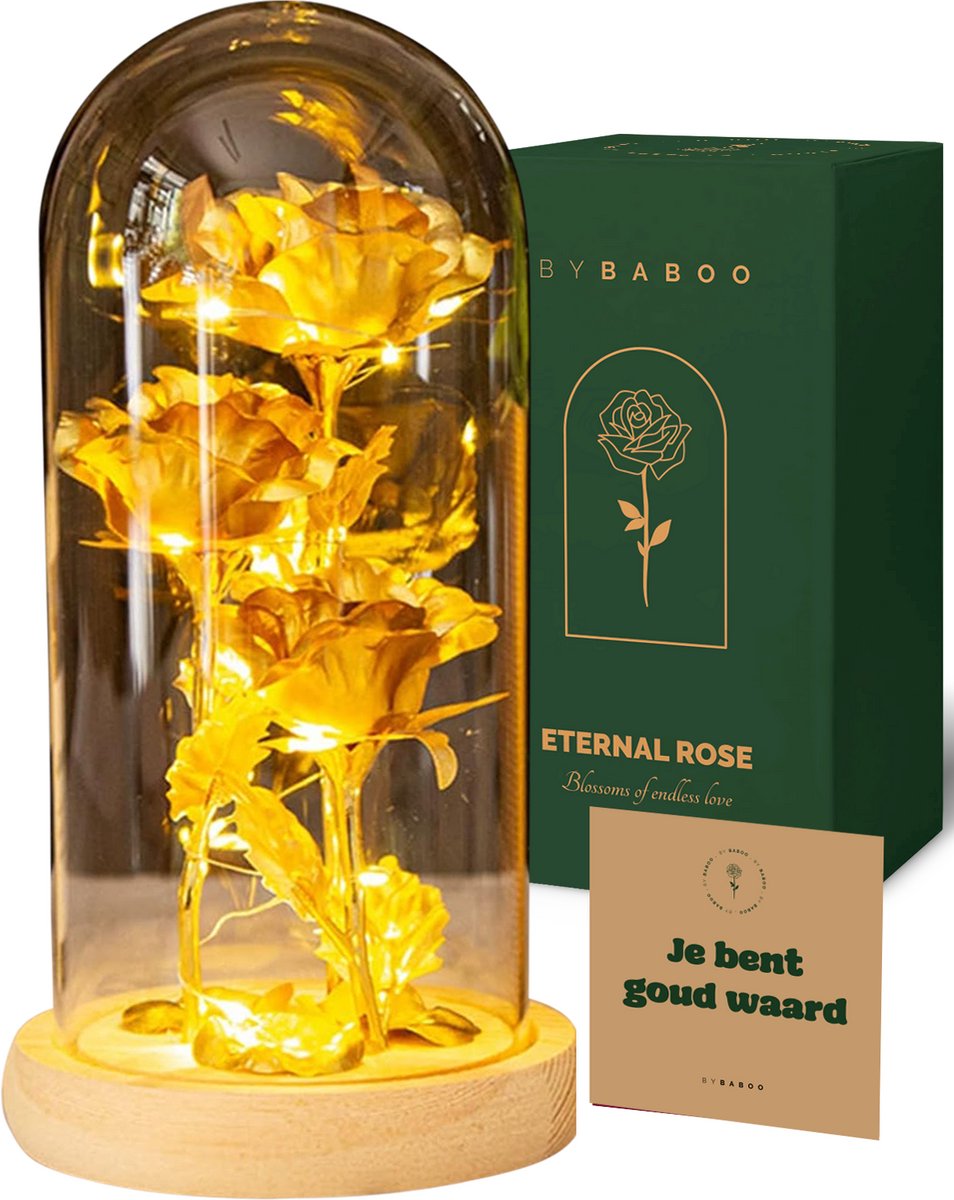 By Maroo Golden Rose - Eeuwige Roos in Glazen Stolp met LED - Je Bent Goud Waard - Geschenkset Rozen Liefdes Cadeau Boeket dames - Verjaardag Cadeau Vrouw, Moeder, Mama, Vriendin, Oma - Decoratie bruiloft - Huwelijk Verwenpakket - Cadeautje