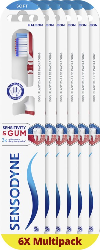 Pack avantage de 6 brosses à dents Sensodyne avec poils rouges et blancs, dans un emballage 100% sans plastique.