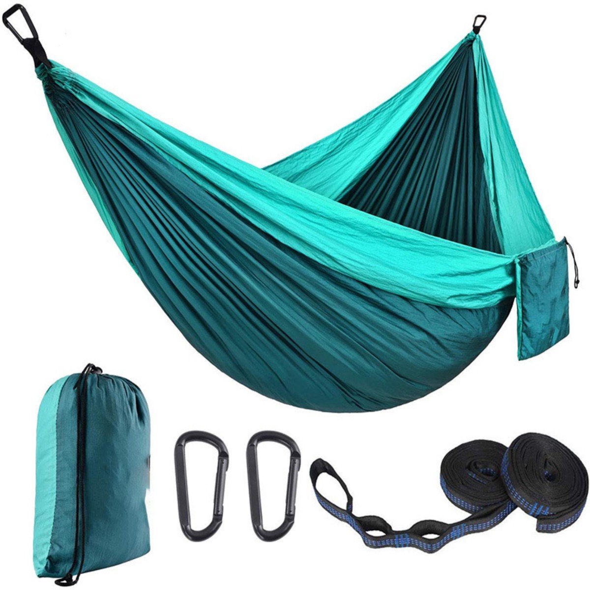 Kampeerhangmat - Reishangmat met banden - 1 stuk - Draagbare, ademende hangmat - Geschikt voor tuin, buiten, backpacken, reizen - Buitenhangmat met parachutestof - Enkel, dubbel, kamperen, fietsen, binnen, vrijetijdshangmat - 300 x 200 cm