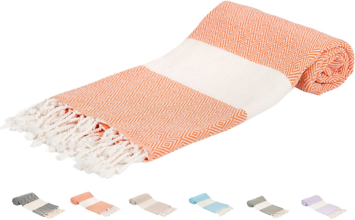 SEPET Hamamdoek Diamond - Oranje - 460g - Premium kwaliteit - XXL 100 x 200 cm - Groot - Zacht - Licht - Zandvrij - Sneldrogend - %100 Katoen - Pestemal | Stranddoek | Saunadoek | Fouta