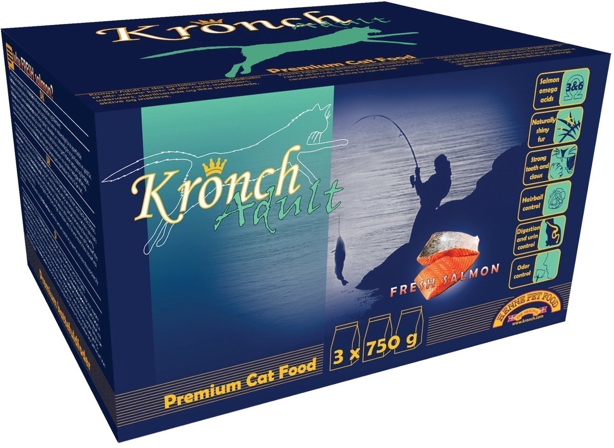 Kronch Kronch premium kattenbrok met zalm en kip kattenvoer 3x750 gr