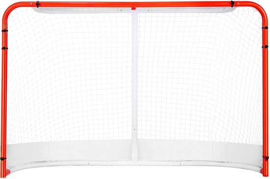Wit ijshockeydoel met rood stalen frame en wit net, op witte achtergrond.