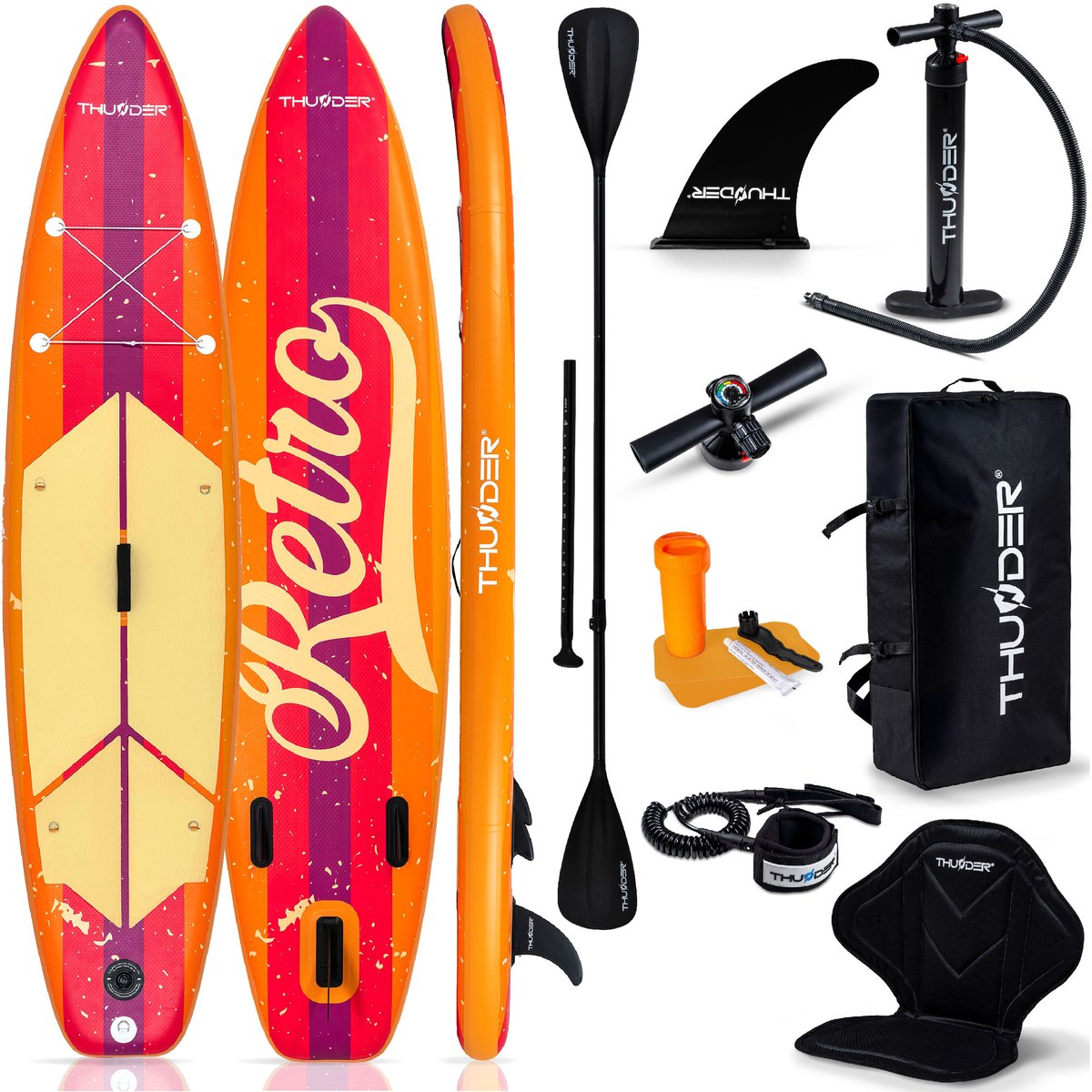 THUNDER® SUP Board | RETRO | 320x75x15cm | Opblaasbaar Paddle Board | Max. 150 kg | Complete Set | Oranje-Roze-Paars |