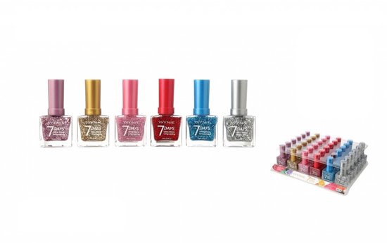 Wynie - Nagellak 7 Days Ultra Shine Long Lasting - Transparant met blauwe en zilver en multi gekleurde grote en blauwe mini glitters - 1 flesje met 15 ml inhoud - Nummer 713