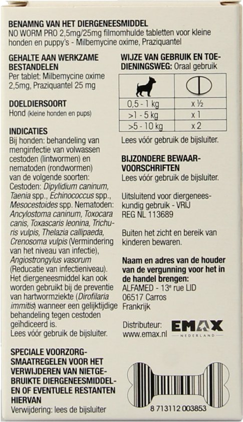 Achterkant van de verpakking No Worm Pro tabletten voor kleine honden en puppy's (0,5-10 kg).