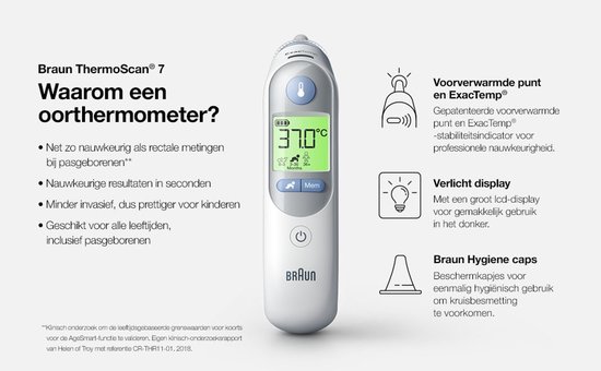 Braun oorthermometer met digitaal scherm dat 37.0°C aangeeft. Links de tekst 'Waarom een oorthermometer?'