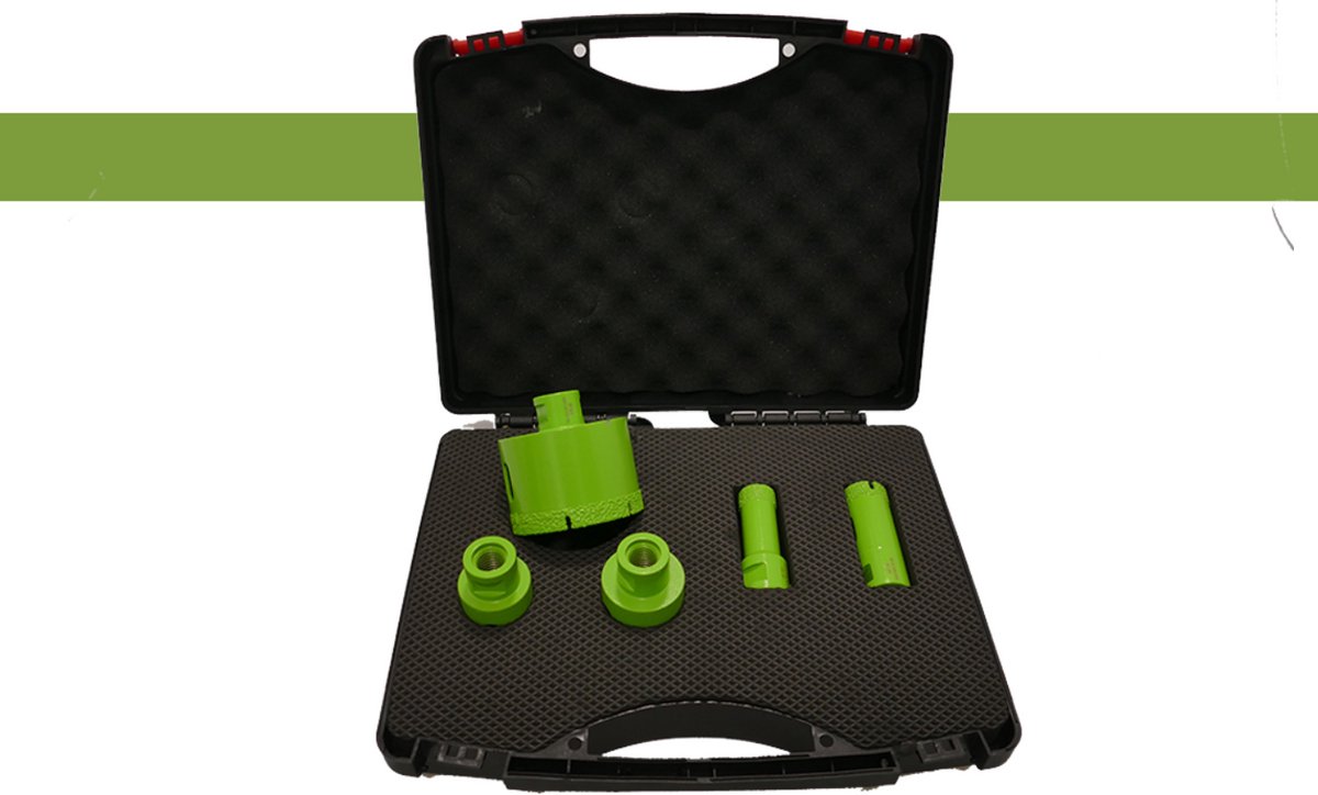 Pro-Diam V-Tech Professionele set diamantboren met M14-schroefdraad voor droog boren in harde tegels en natuursteen. Geschikt voor haakse slijper. Maten: 20 t/m 68 mm. Speciaal voor droog gebruik op keramiek, gres, porselein en natuursteen