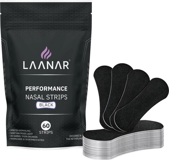 LAANAR® Neusstrips 60 stuks Performance Neuspleisters Sporten & Slapen - Anti Snurk Pleisters - Slaapproblemen - Neusspreider Extra Sterk - Meer Zuurstof bij Hardlopen, Fietsen & Fitness – Verhoog Sportprestaties - Zwart
