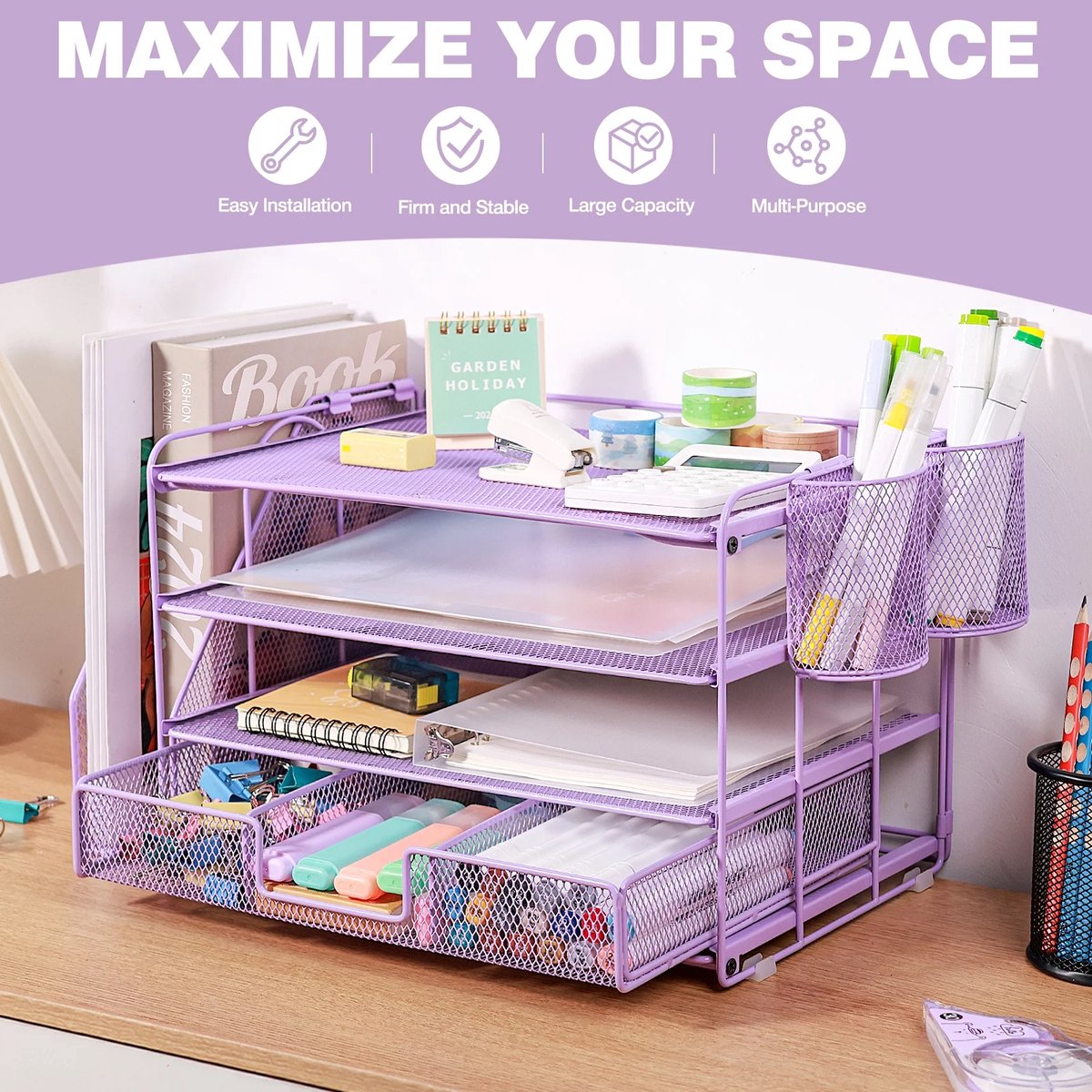 Brievenbakje A4, stapelbare bureau-organizer, organizer, roségoudkleurige opbergvakken