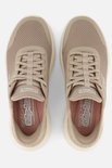 Bovenaanzicht van taupe Skechers GOwalk Flex instappers met vetersluiting en roze 'Slip-ins' binnenzool.