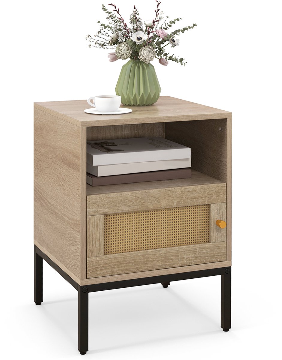 Costway Nachtkastje van rotan, nachtkastje met open plank en kast, bijzettafel, sofatafel, nachtkastje in boho-stijl voor slaapkamer, woonkamer, 40 x 40 x 57 cm (natuur) Naturel