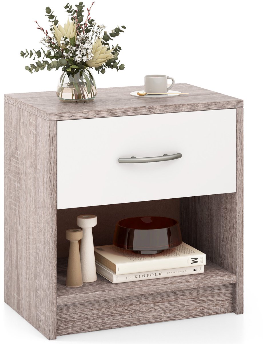 Costway Nachtkastje met lade, kleine bijzettafel met open vak, banktafel, nachtkastje, nachtkastje voor slaapkamer, woonkamer, 38,5 x 28 x 40,5 cm (lichtgrijs + wit)