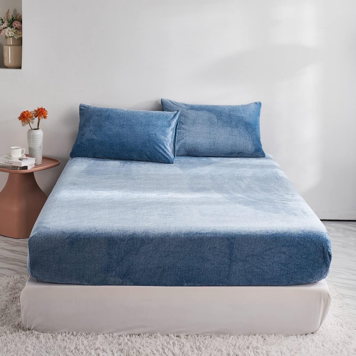 Winter Hoeslaken 180 x 200 cm – Blauw – Pluizig Teddy Fluweel – Extra Warm & Zacht – Geschikt voor Matrassen tot 30 cm