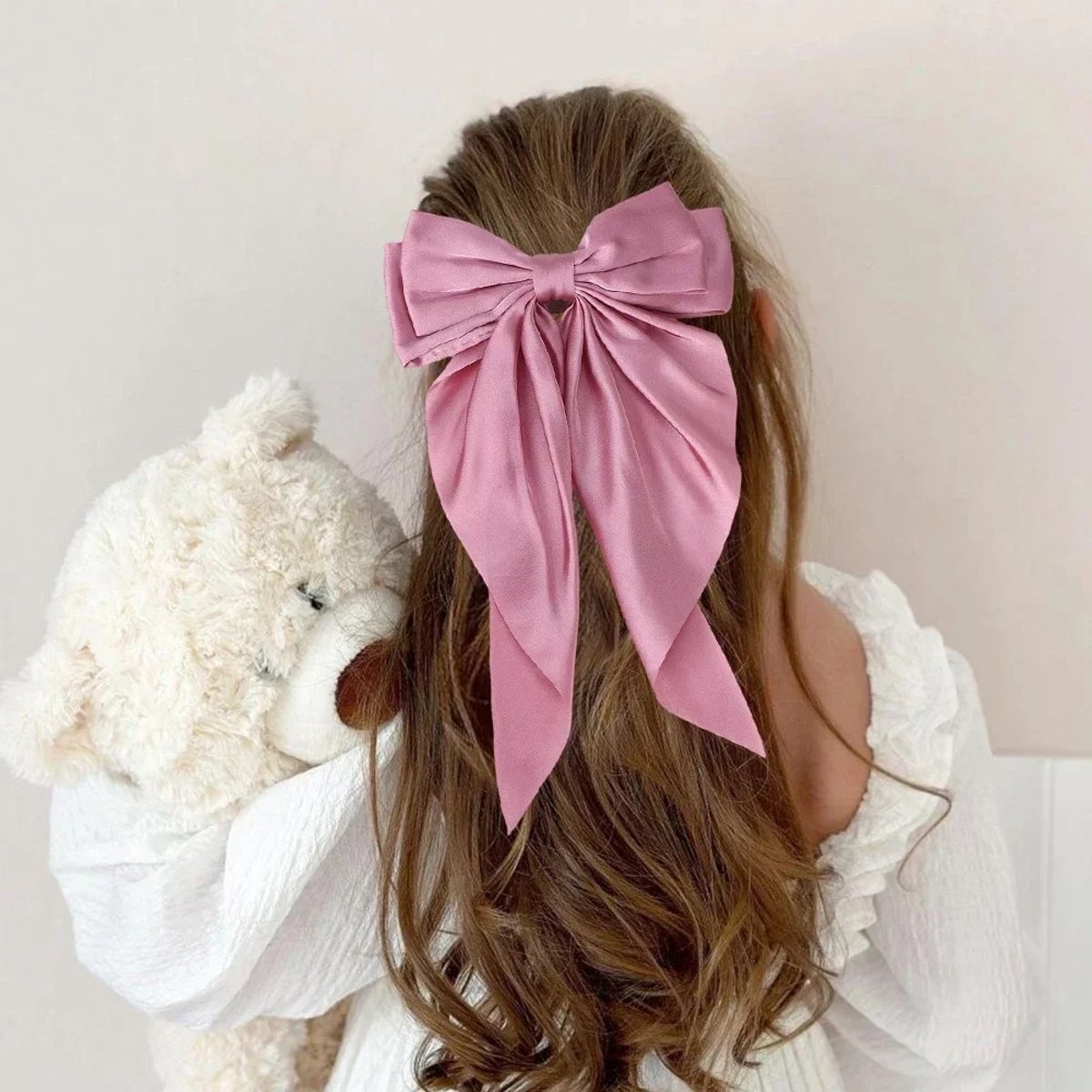 Premium Zijden Haarlint - 100% Moerbeizijde Haarstrik - Zijden Lint Haarspeld - Premium Silk Hair Ribbon Clip - Donker Roze