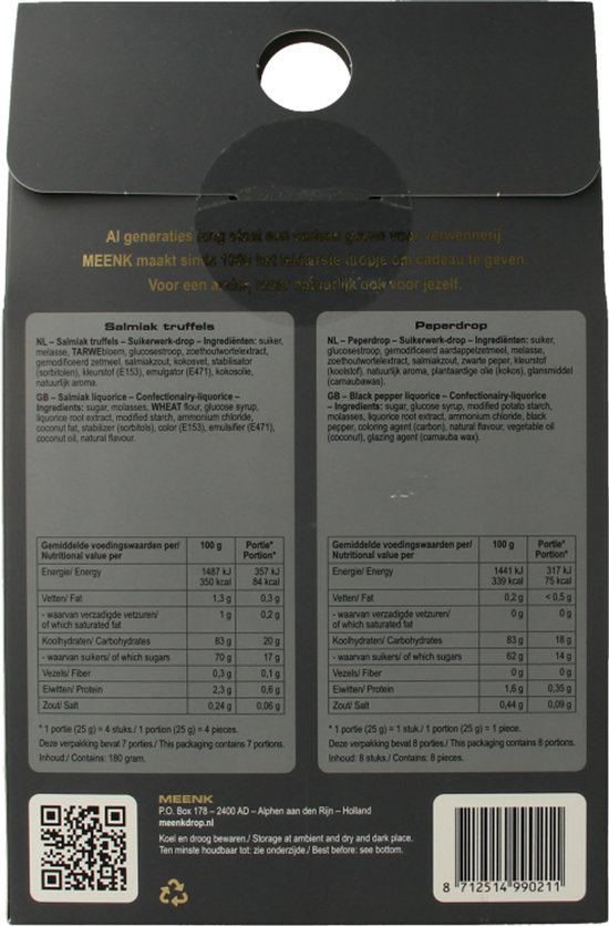 Achterkant van de grijze verpakking met gouden details, informatie over de inhoud en ingrediënten.