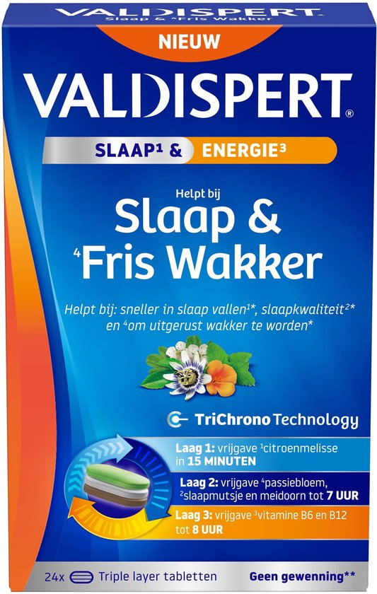 Valdispert Slaap & Fris wakker doos met afbeelding van bloemen en tekst 'TriChrono Technology'
