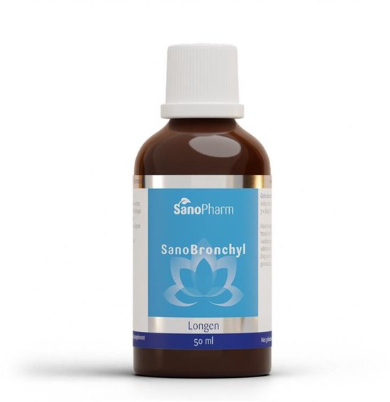 Bruine glazen fles met witte dop, met blauw etiket: SanoPharm SanoBronchyl Longen 50 ml.