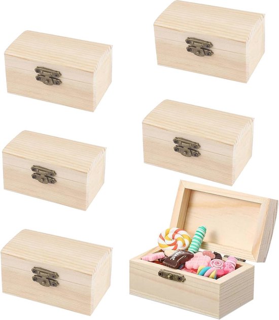 Foto: Kleine houten schatzkisten mini sieradenkistjes voor creatieve projecten en feesten set van 6 