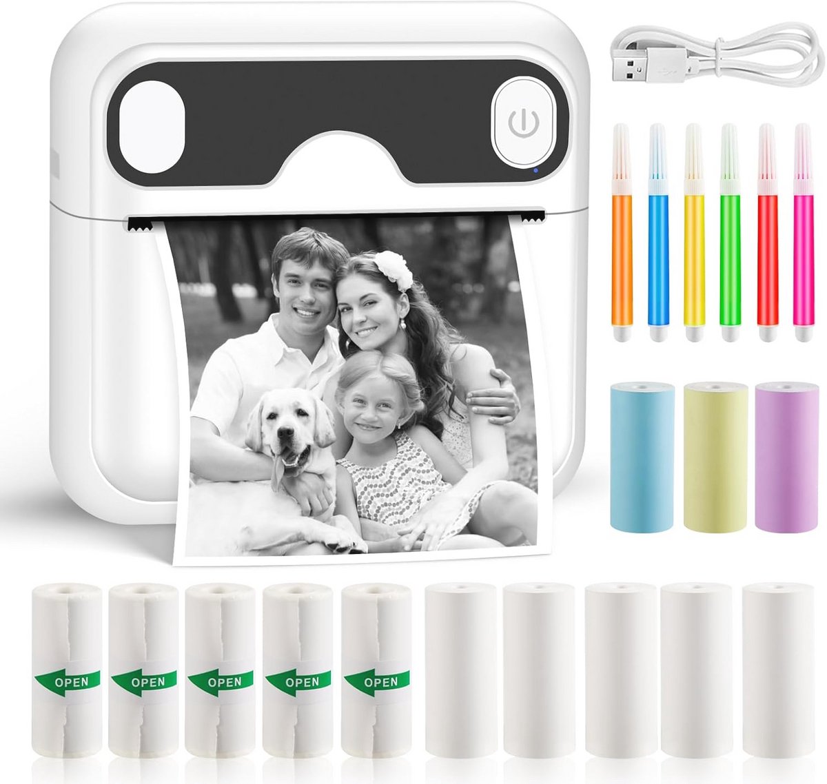 Draagbare Bluetooth Mini Fotoprinter met 13 Rollen Papier en 6 Kleurpotloden
