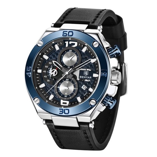 Herenhorloge - Chronograaf - Horloge Heren - Leren Band - Blauw