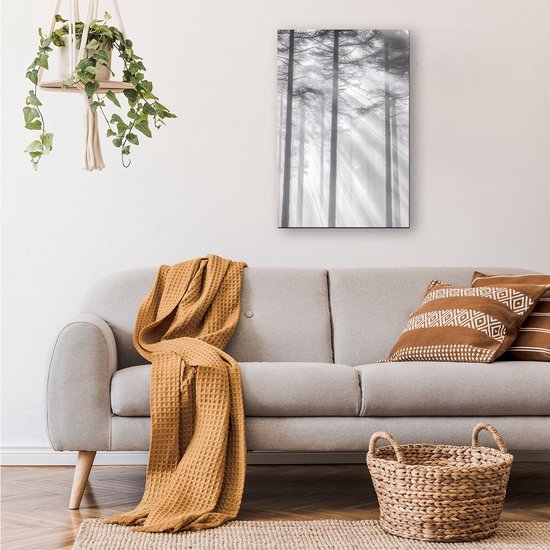Mistig bos met zonnestralen - Bos canvas schilderij - Kunstwerk bomen - Monochromatisch - Woonkamer decoratie industrieel - Canvas keuken - canvas 40x60 cm