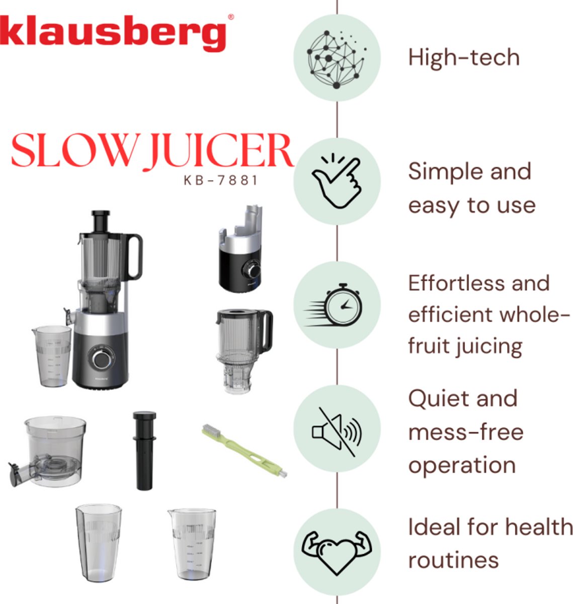 Klausberg KB-7881 Slowjuicer – Groenten- en Fruitpers | Cold Press | Brede XXL 113mm Invoer | RVS Behuizing | Stille Werking thumbnail 6
