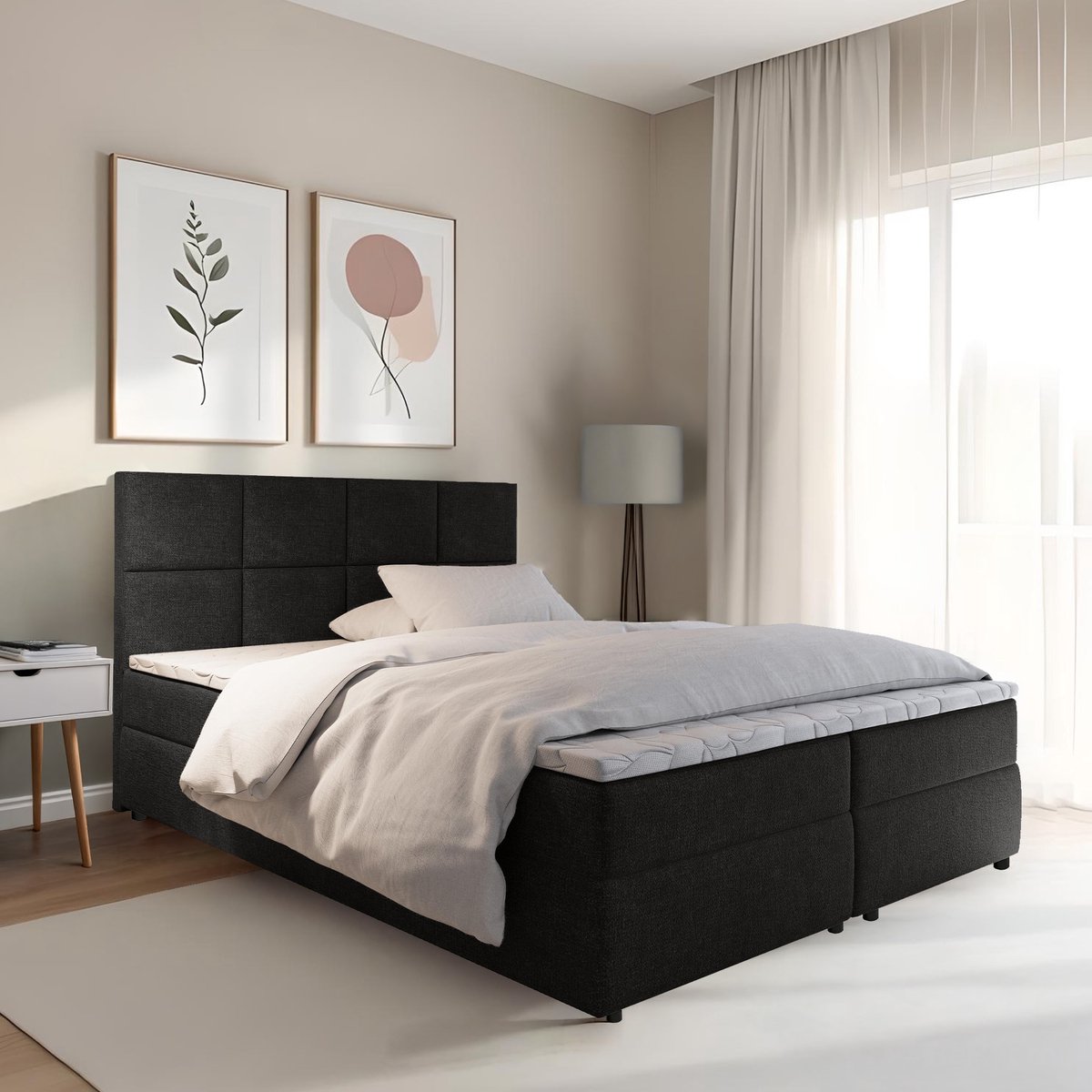 Boxspring Sam 180x200 cm Zwart met Opbergruimte en Topper