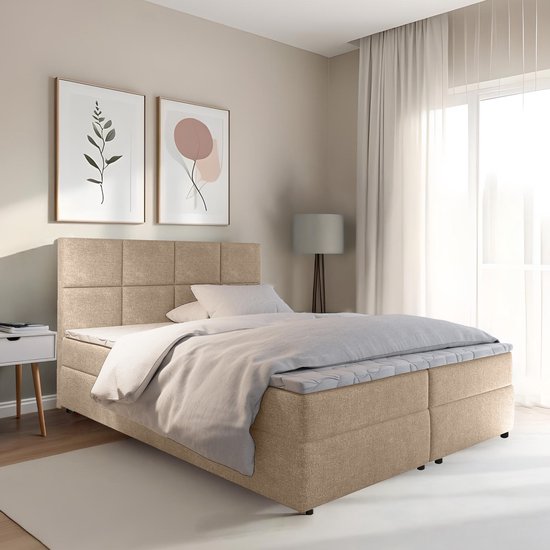 Boxspring met opbergruimte Sam - 160x200 cm - Beige - Inclusief Topper ...