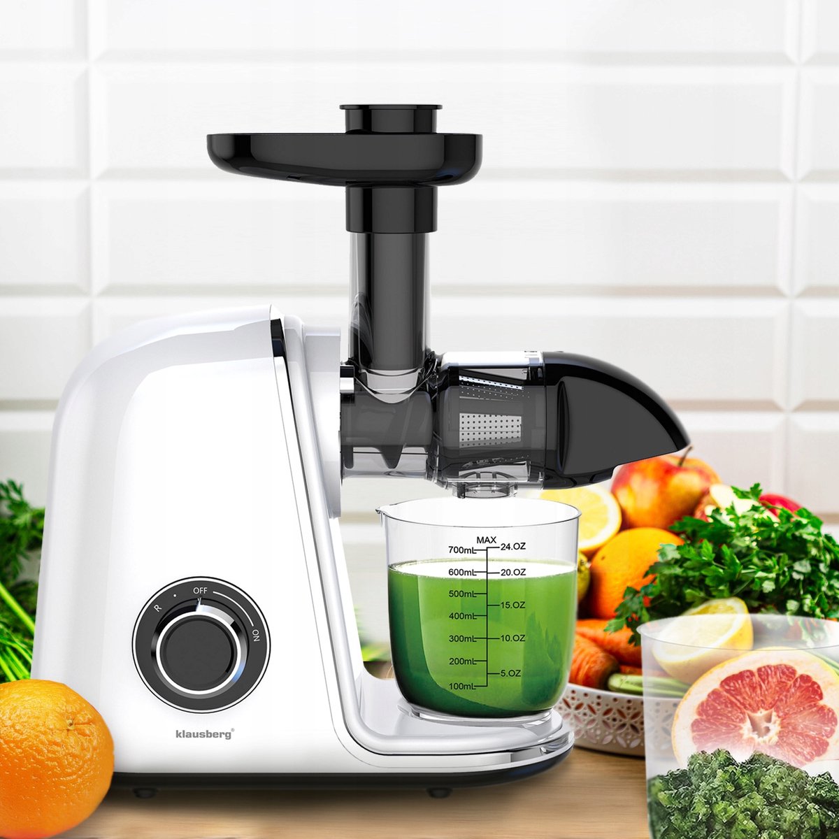 Klausberg Slow Juicer – 150W - 700ml | Cold Press | Groenten en Fruitpers – Met Pulpreservoir | Wit | Stille Horizontale Juicer met 7-Traps Perssysteem thumbnail 2