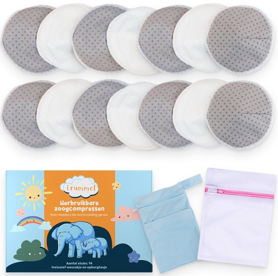 Een complete set Frummel zoogcompressen: 14 stuks grijs en wit, een verpakking, een draagtasje en een waszakje.