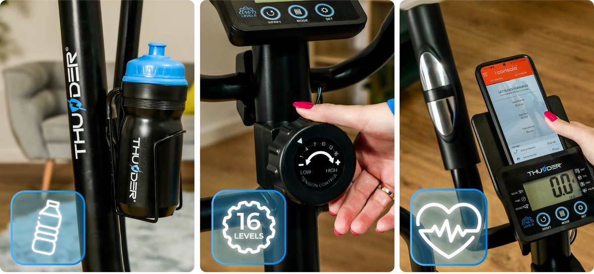 Afbeelding 3 van THUNDER® Crosstrainer | DUAL | Elliptische trainer | Magnetisch | Verstelbaar zadel | Polssensor | Antislippedalen | Flessenhouder + drinkfles | Transportwielen | Hartslagsensoren | Stelvoetjes | Tablethouder | Stille werking | Max. 110 kg |