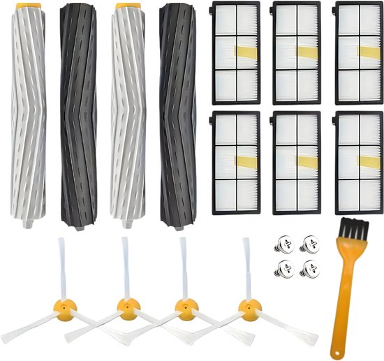 Een set stofzuigeronderdelen met vier witte en grijze rolborstels, zes filters, vier zijborstels en een reinigingsborstel.