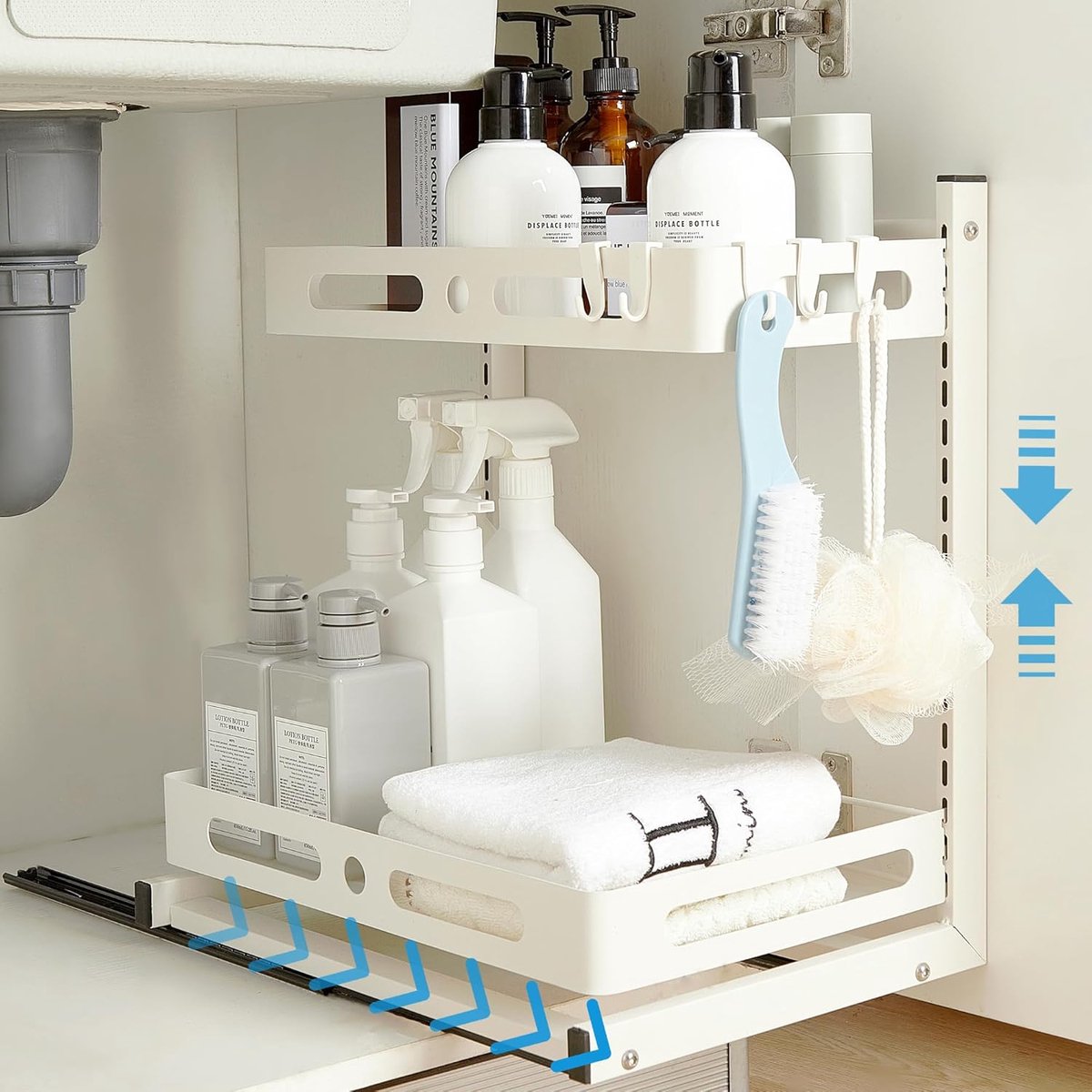 Famanu - 2-laags uittrekbare keukenorganizer voor onder de gootsteen, kast schuifmand ladeplank, kruidenrek, kruidenrek, metalen organizer voor keuken, badkamer, in hoogte verstelbaar (wit)