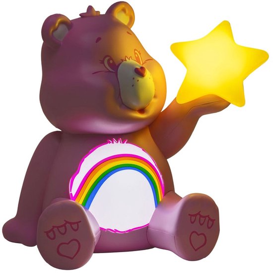 Veilleuse Cheer Bear rose avec un arc-en-ciel lumineux et une étoile jaune.