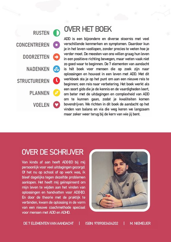 Achterkant van een boek met informatie over ADD en de auteur, M. Niemeijer. Tekst 'Over het boek' en 'Over de schrijver'.