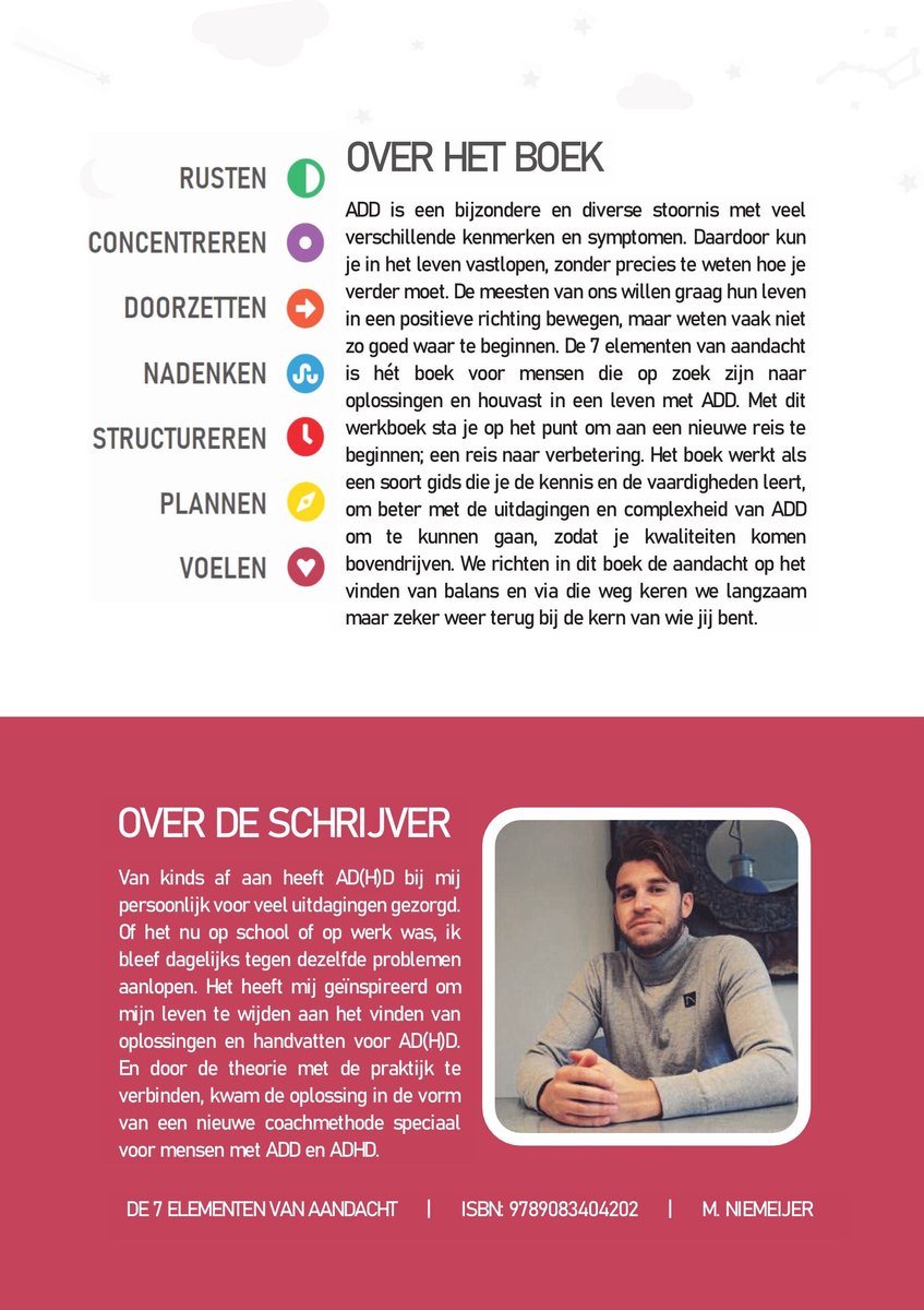Achterkant van een boek met informatie over ADD en de auteur, M. Niemeijer. Tekst 'Over het boek' en 'Over de schrijver'.