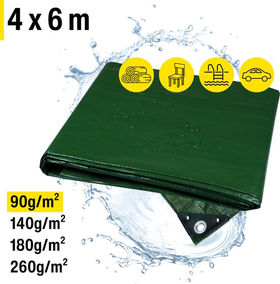 Bâche verte pliée de 4x6 m, 90 g/m², entourée d'eau, avec des icônes pour le bois, une chaise, une piscine et une voiture.
