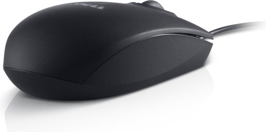Souris optique Dell noire filaire, vue de côté.