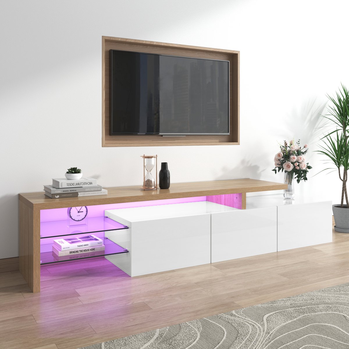 Modern Tv-meubel - stijlvolle elegantie - praktische opbergruimte - hoogglans wit - glazen legplanken - LED-verlichting