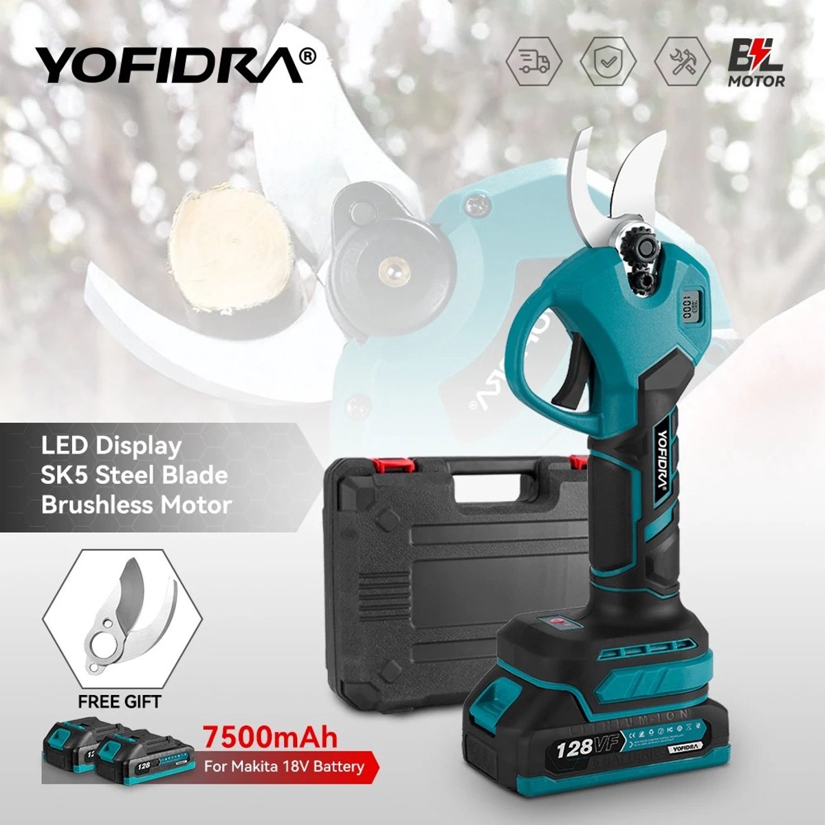 Mila Shop Elektrische snoeischaar - Elektrische heggenschaar - Takkenschaar - Snoeischaar accu - Inclusief 2 accu's - Voor Makita batterij - 18 volt - 30mm