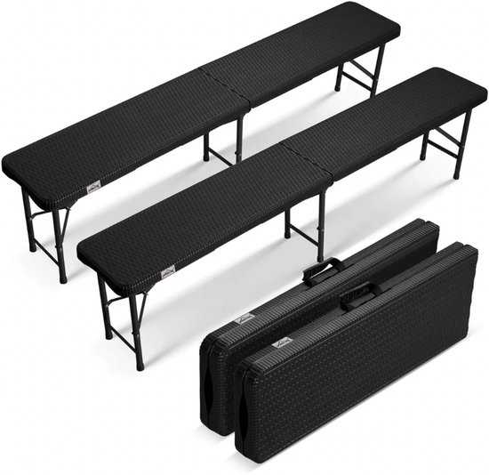 Twee zwarte opvouwbare banken (180x30cm) met metalen frame, ook in opgevouwen staat getoond.